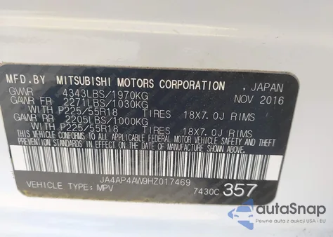 2017 Mitsubishi Outlander Sport 2.4 Sel z USA, uszkodzony, nr VIN JA4AP4AW9HZ017469